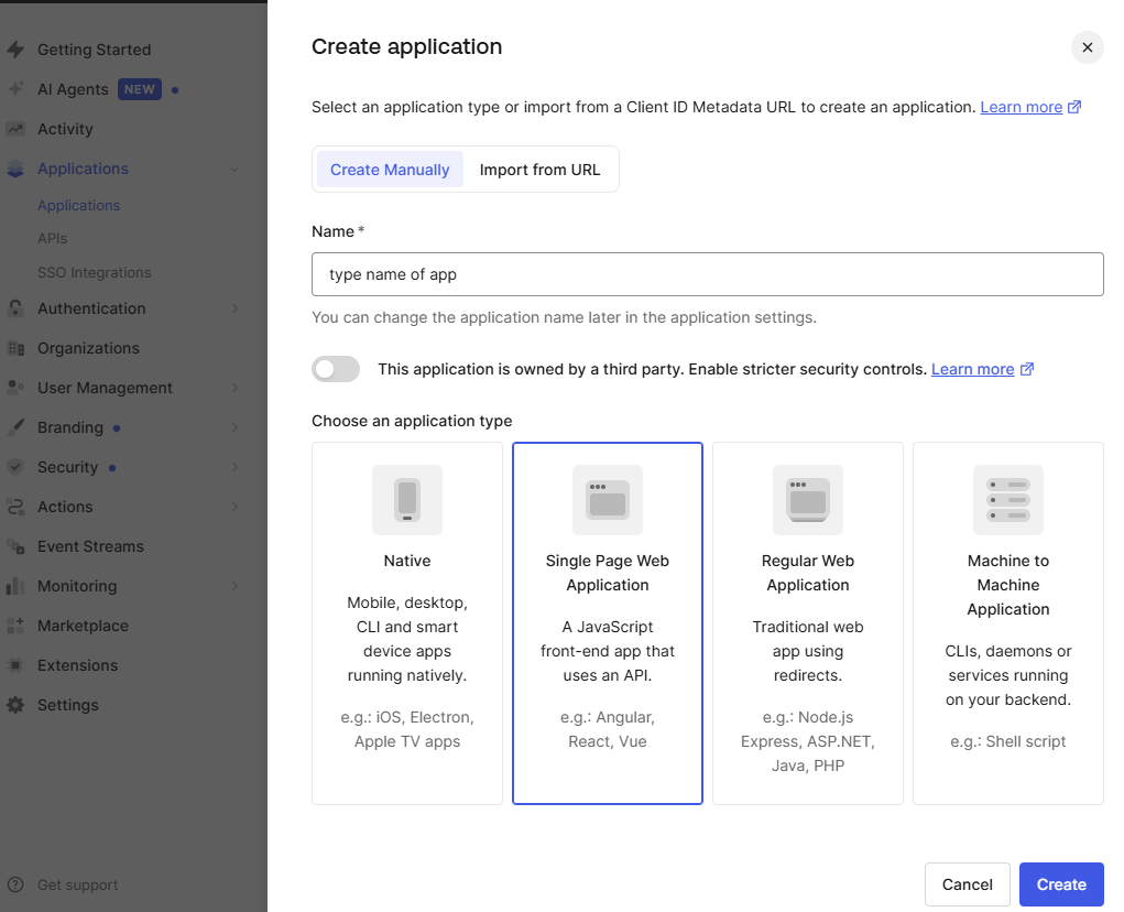 Auth0 Create application screen with Single Page Web Application selected