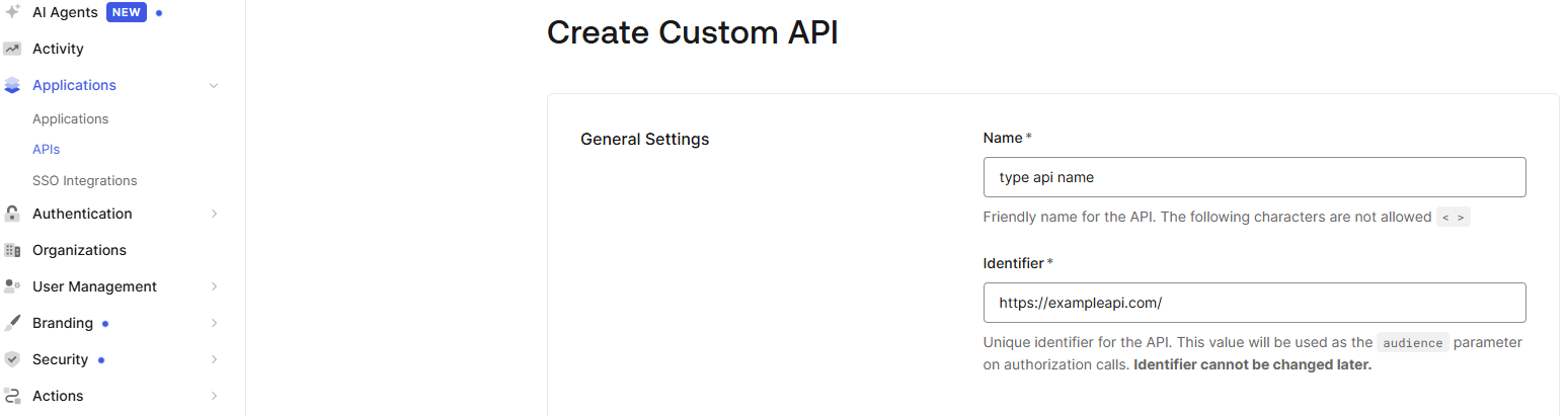 Auth0 Create Custom API screen with name and identifier fields