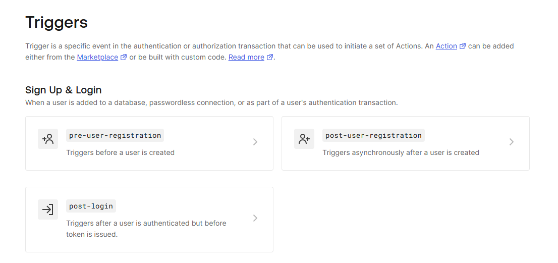 Auth0 Actions triggers: pre-user-registration, post-user-registration and post-login