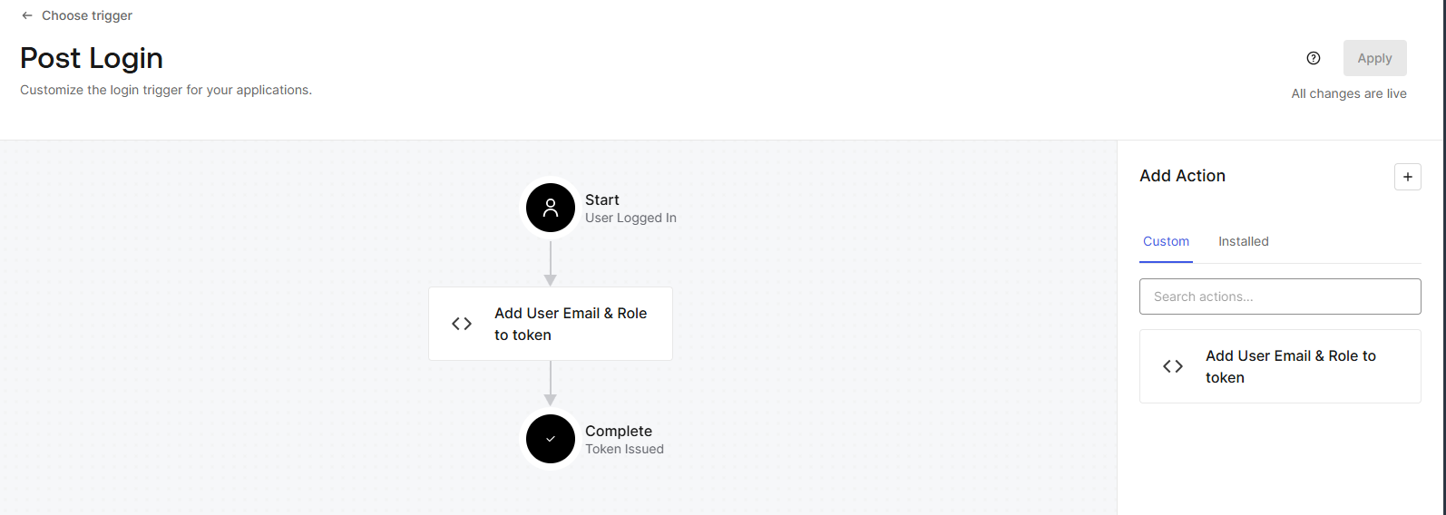 Auth0 post-login flow with an action that adds the user email and role to the token
