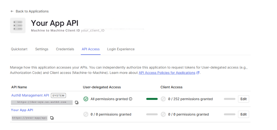 Auth0 API Access tab listing the Management API and a custom API with their permission grants